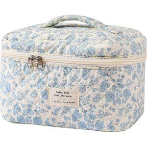 Large Travel Quilted Makeup Bag for Women, Floral Cotton Cosmetic Bag, Coquette